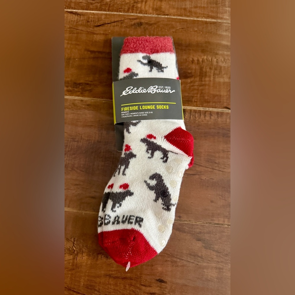Eddie Bauer Cream Socks with Red Accents and Black Dog Pattern